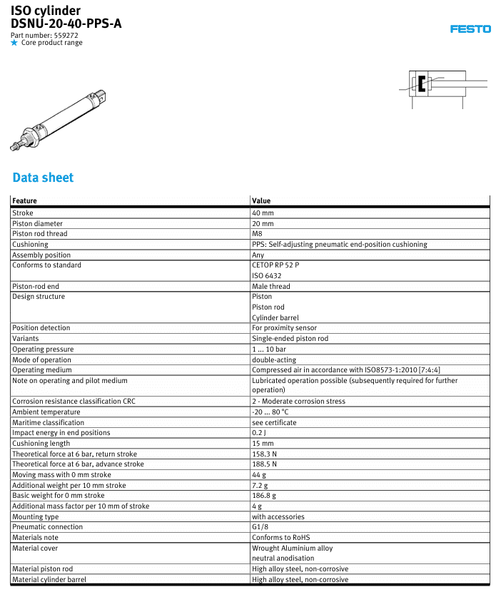 Festo Pneumatic Cylinder - 559272 - DSNU-20-40-PPS-A